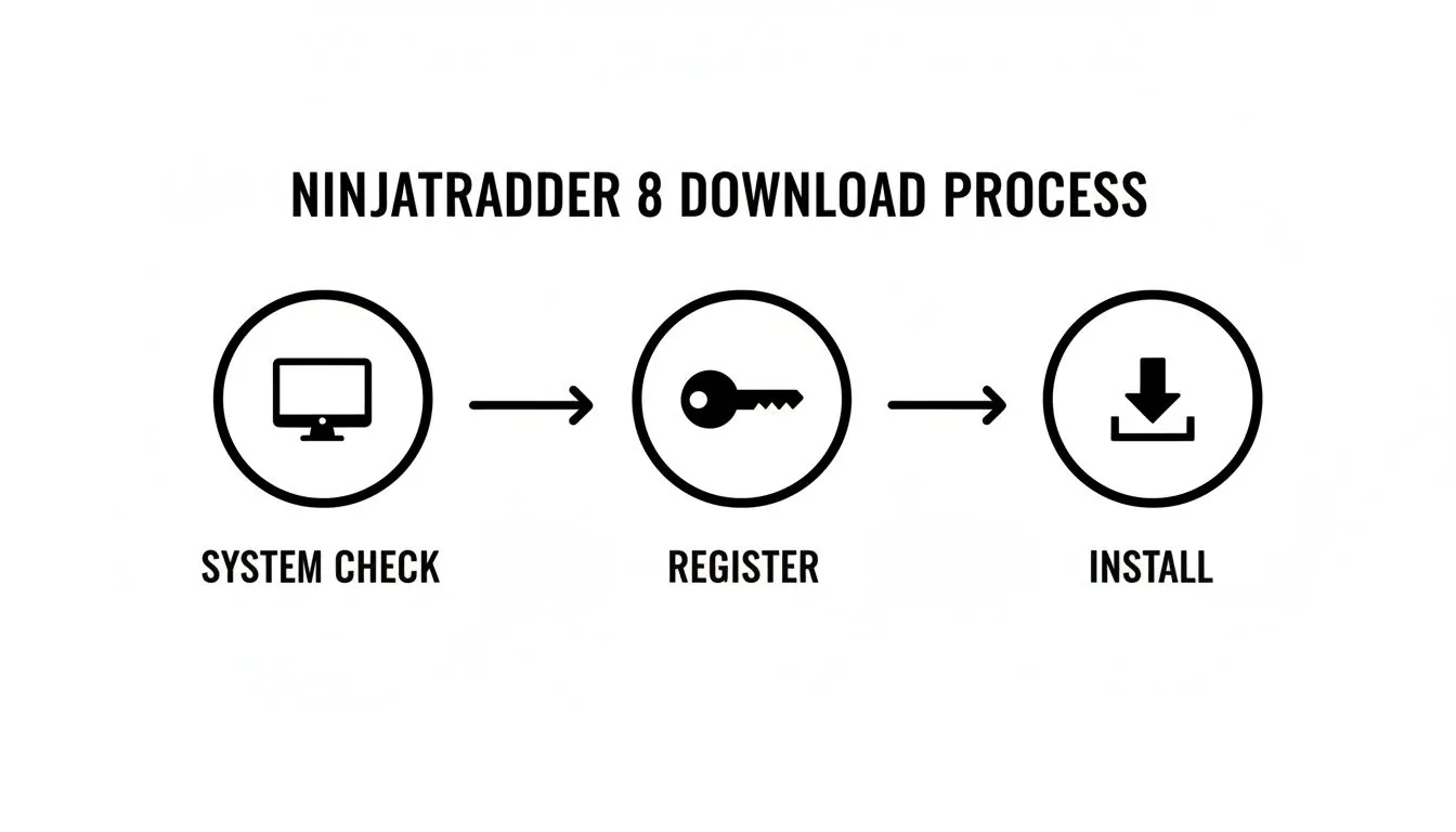 Diagram illustrating the NinjaTrader 8 download process, including system check, register, and install steps.