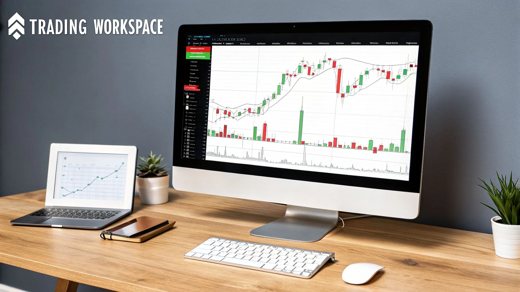 A modern trading workspace with a desktop monitor displaying financial charts, a laptop, and desk accessories.
