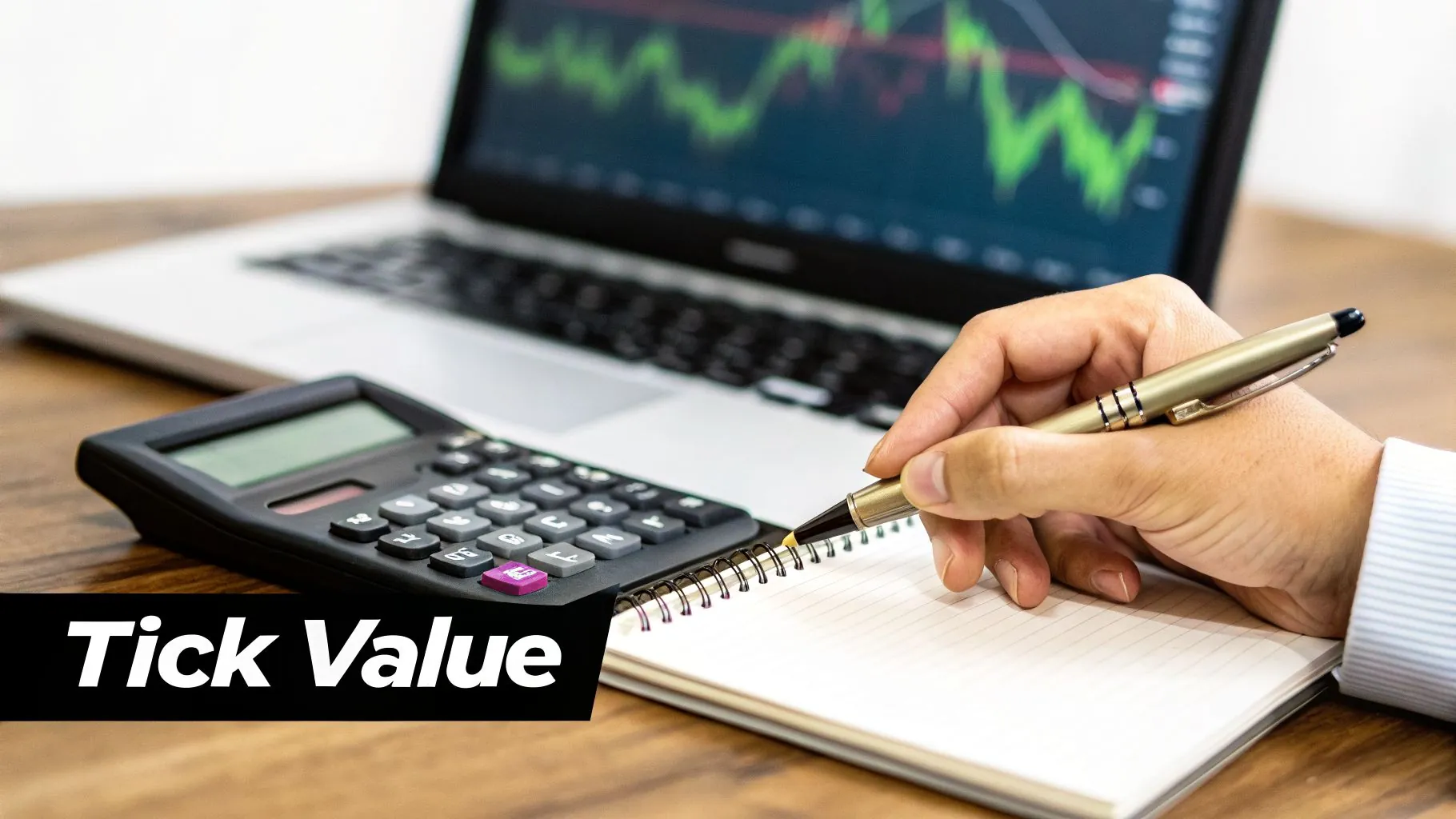Hand writing in a notebook, with a calculator and a laptop showing financial market data.
