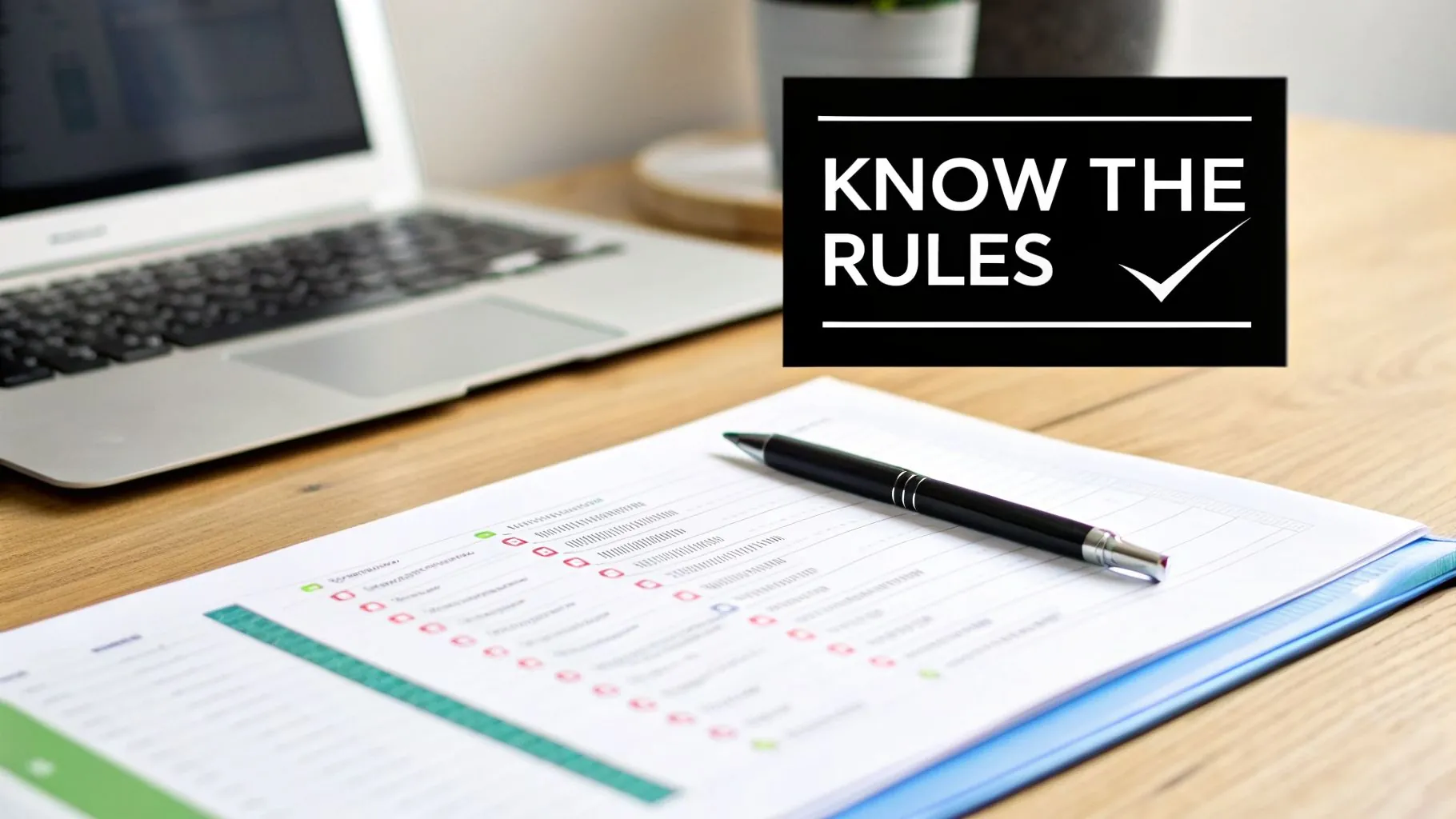A desk with a laptop, a checklist document, pen, and a 'KNOW THE RULES' sign.