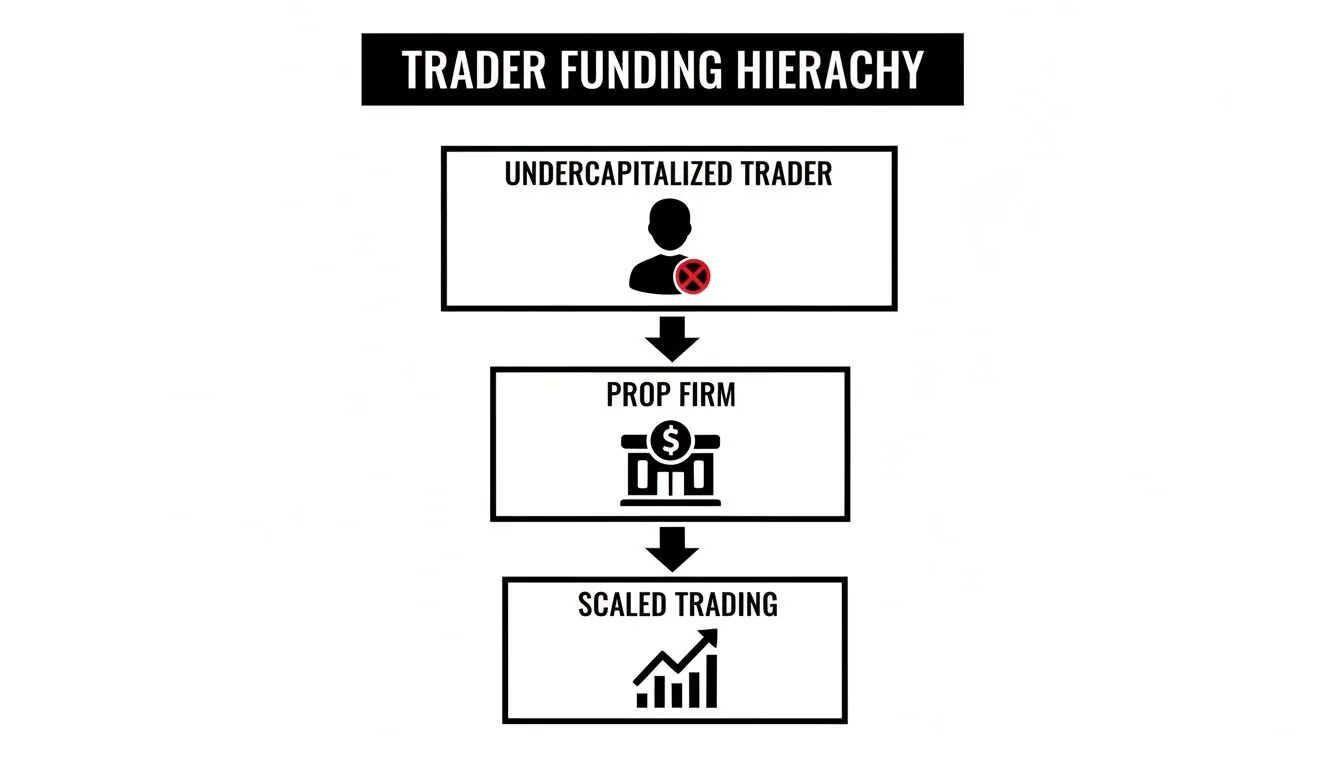 Hierarchy of trader funding showing progression from undercapitalized trader to prop firm and scaled trading.