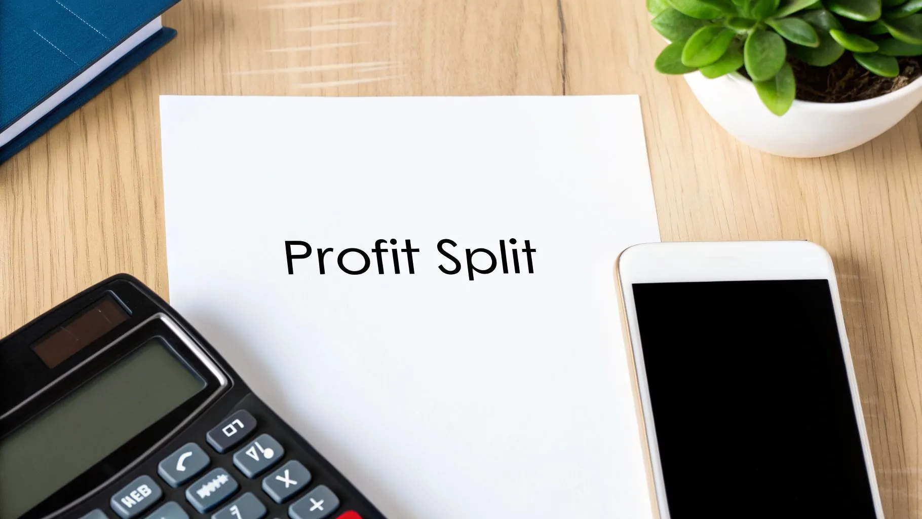 A white paper with 'Profit Split' text on a wooden desk next to a calculator and smartphone.