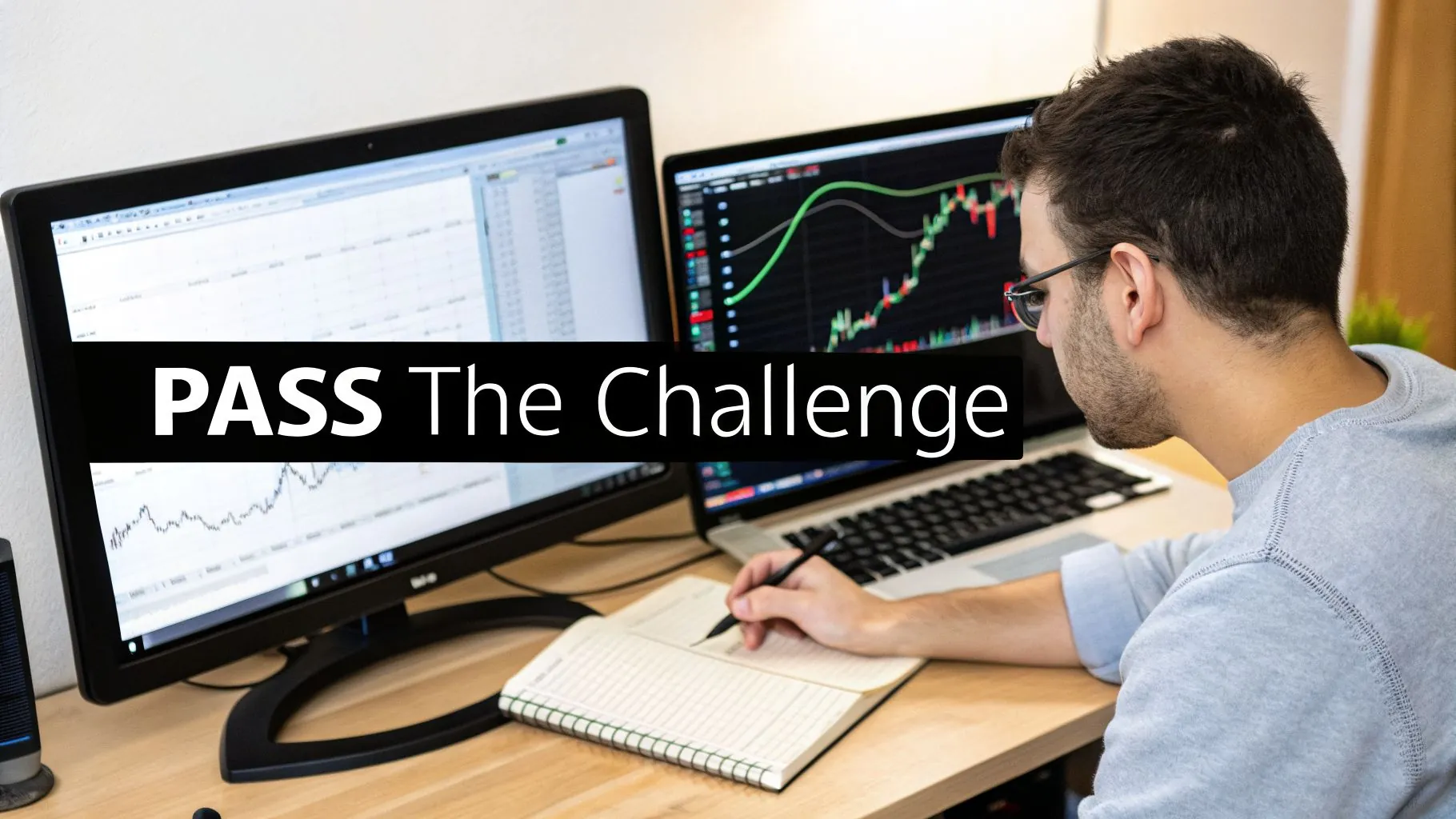 A man intensely watches financial charts on two monitors while writing notes at a trading desk.