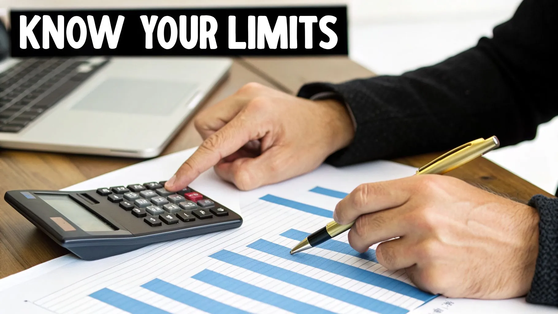 Hands using a calculator and pen on financial charts, with a laptop and 'KNOW YOUR LIMITS' text.