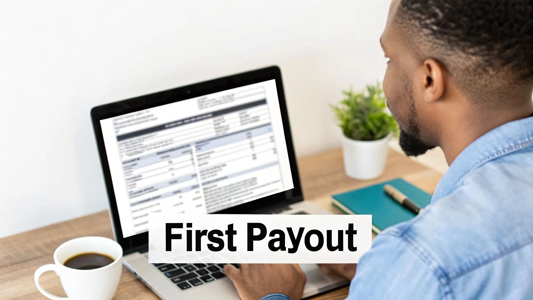 A Black man smiling, looking at his laptop screen displaying financial data and "First Payout" text.