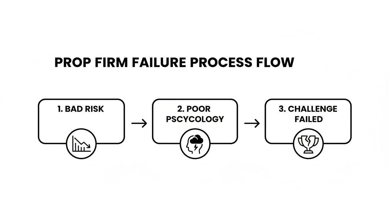 Flowchart illustrating the three steps of prop firm failure: bad risk, poor psychology, and a failed challenge.