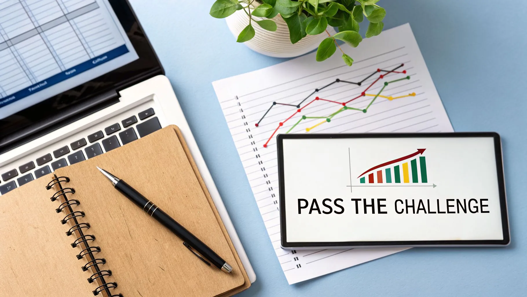 A business desk with a laptop, notebook, charts, and a tablet displaying 'PASS THE CHALLENGE'.