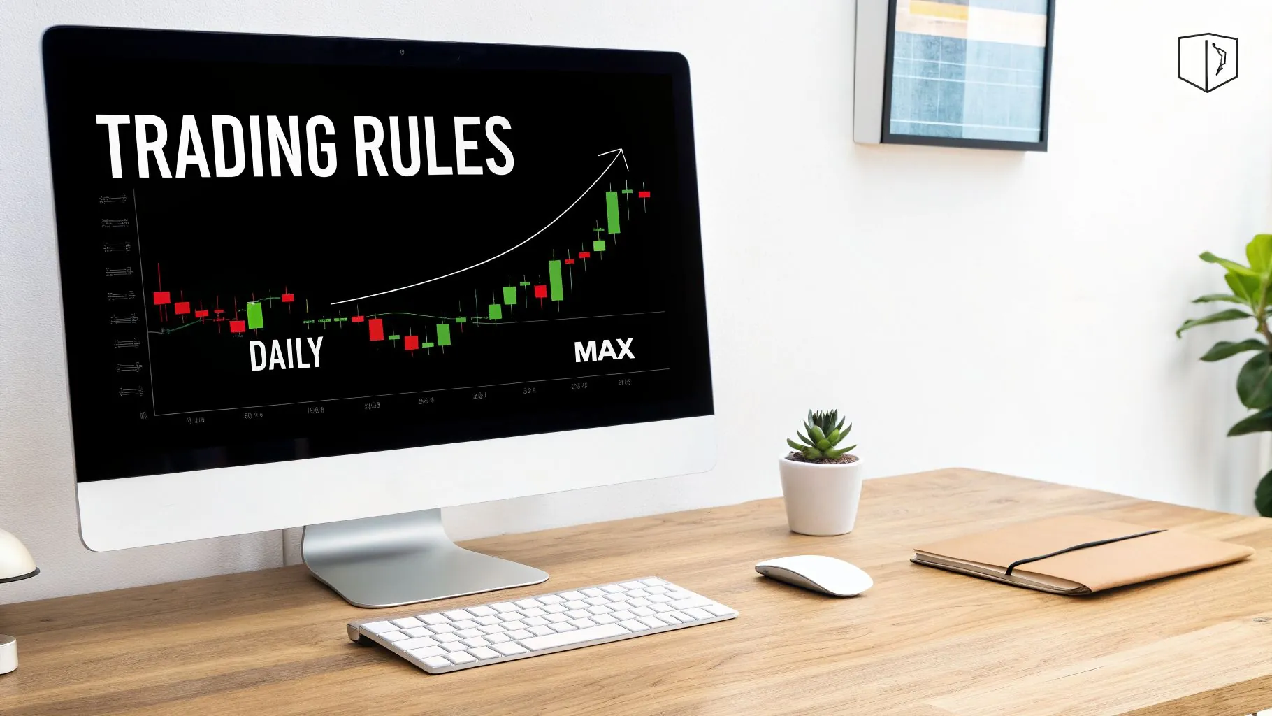A computer screen displays 'TRADING RULES' and a candlestick chart with 'DAILY' and 'MAX' labels.