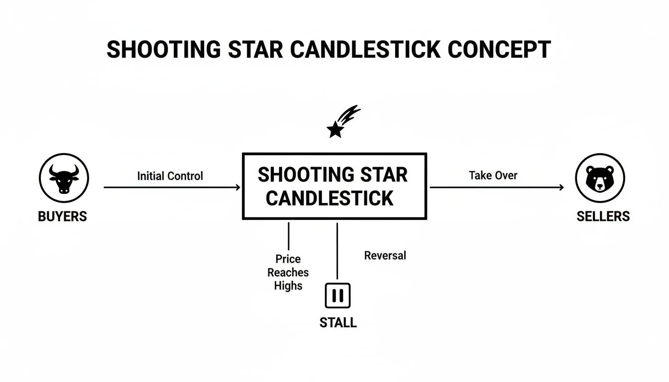 Flowchart illustrating the shooting star candlestick pattern, showing market control shifting from buyers to sellers.
