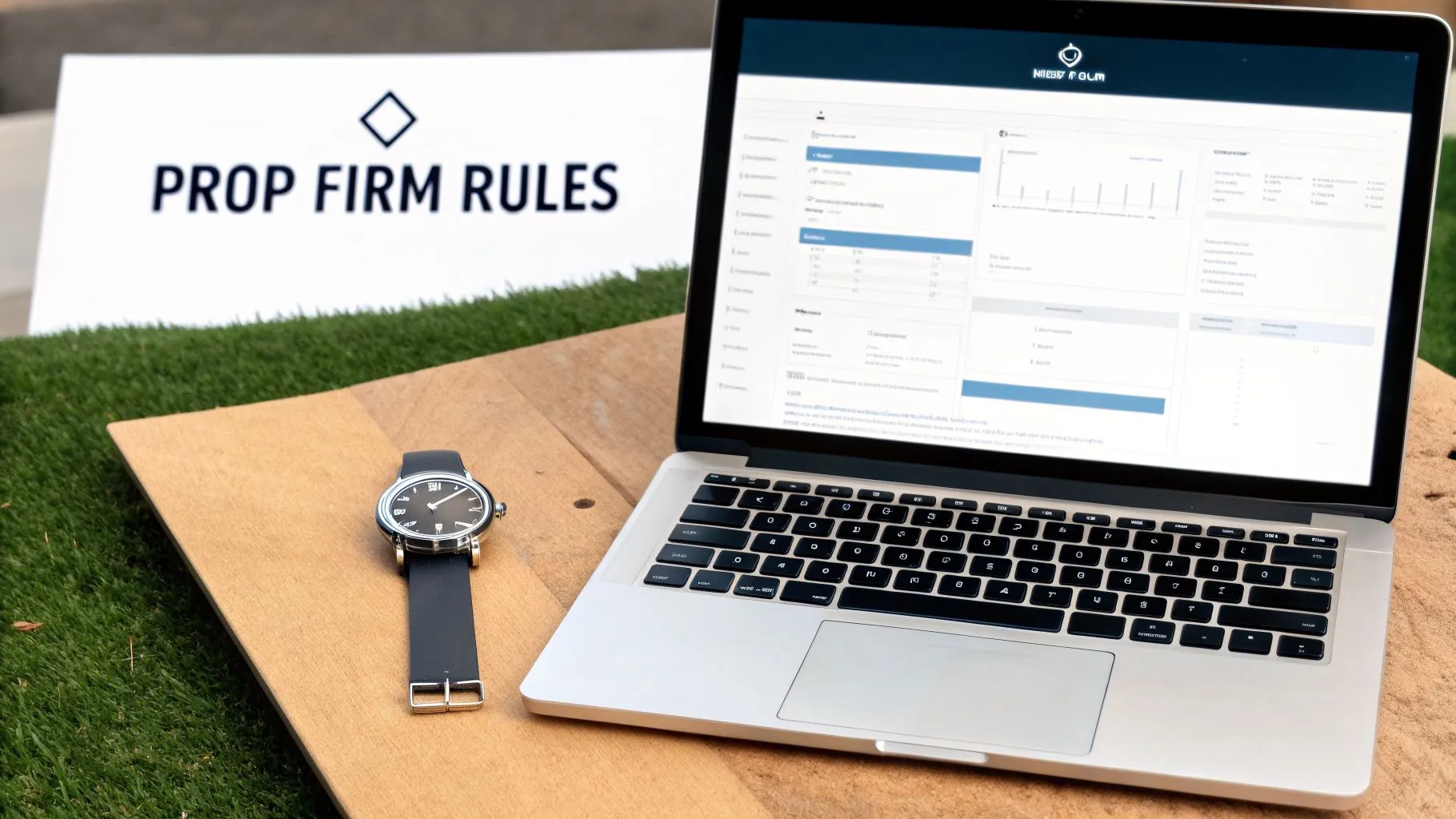 A silver laptop showing a trading platform, a black watch, and a 'Prop Firm Rules' sign.