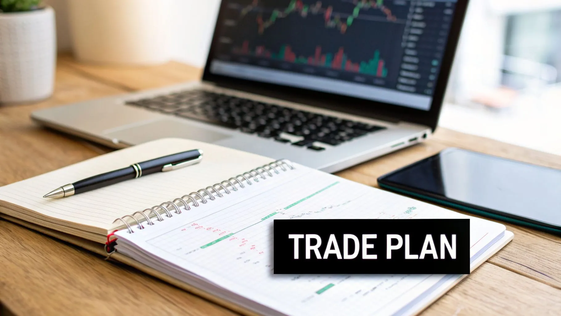 A desk setup featuring a laptop with financial charts, a notebook, pen, and 'TRADE PLAN' text.