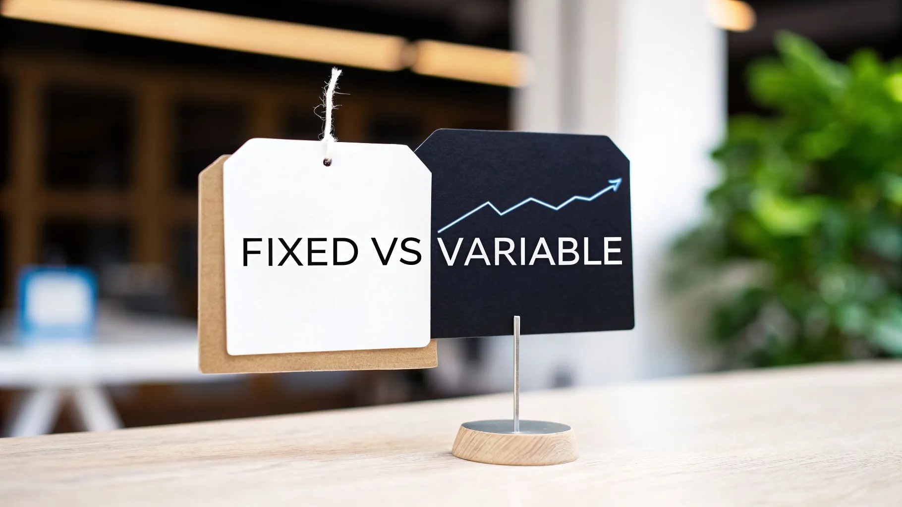 Two tags on a wooden stand: one white displaying 'FIXED VS', the other black with 'VARIABLE' and an upward trend graph.