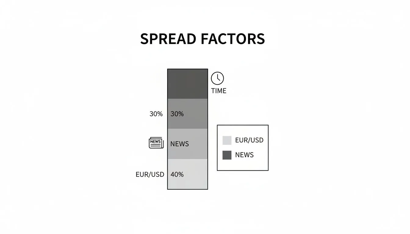 Bar chart illustrating spread factors in trading: 40% EUR/USD, 30% News, 30% Time.
