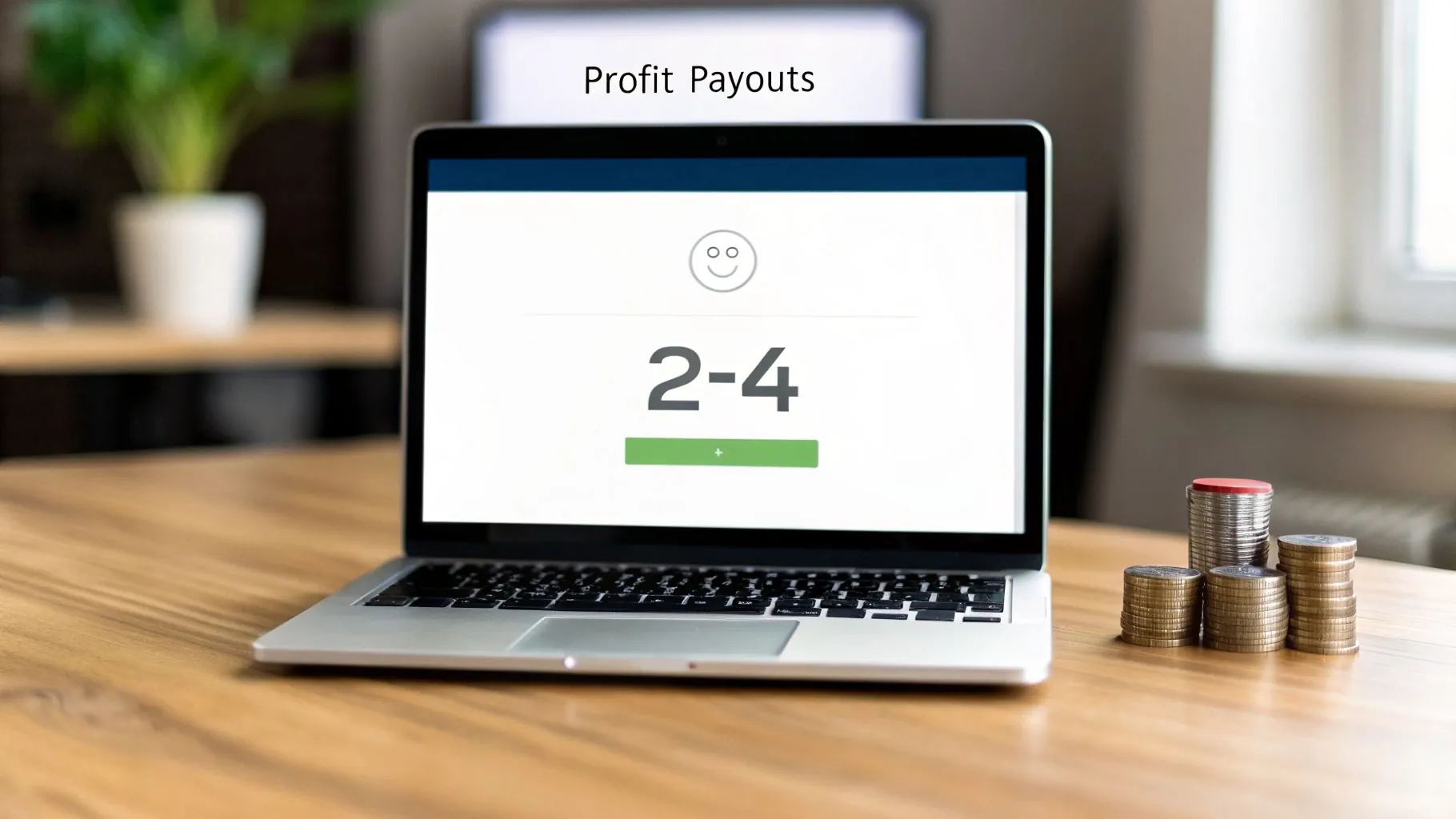A laptop on a wooden desk displaying '2-4' on the screen, with stacks of coins next to it, symbolizing profit payouts.