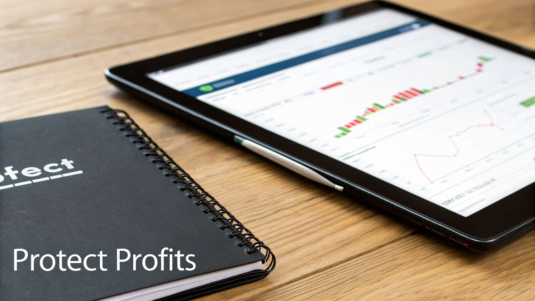 A black spiral notebook with 'Protect Profits' on its cover next to a tablet displaying financial charts.