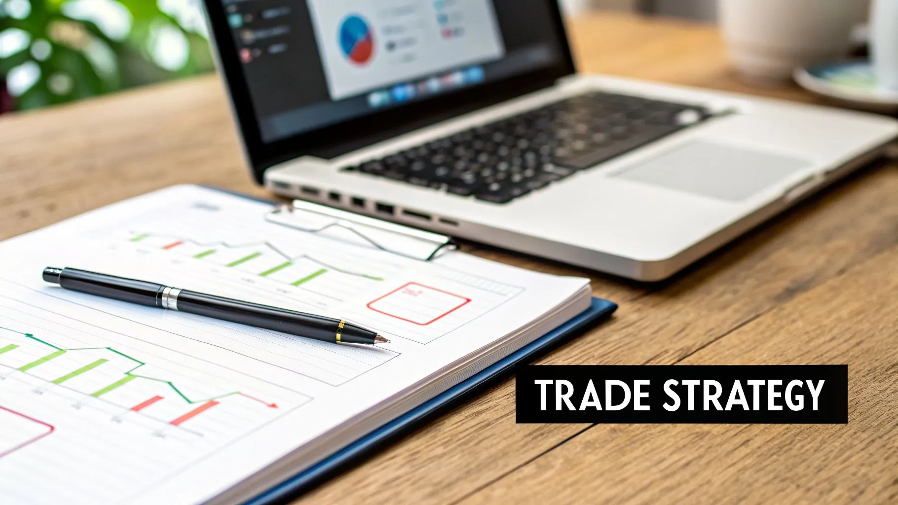 A laptop, financial charts with graphs, and a pen on a wooden desk, representing trade strategy.