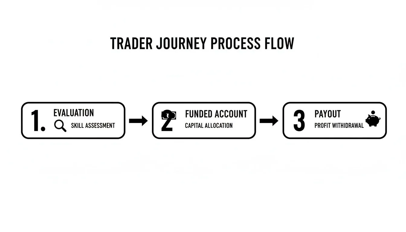 A three-step process flow illustrating a trader's journey from skill evaluation to profit withdrawal.