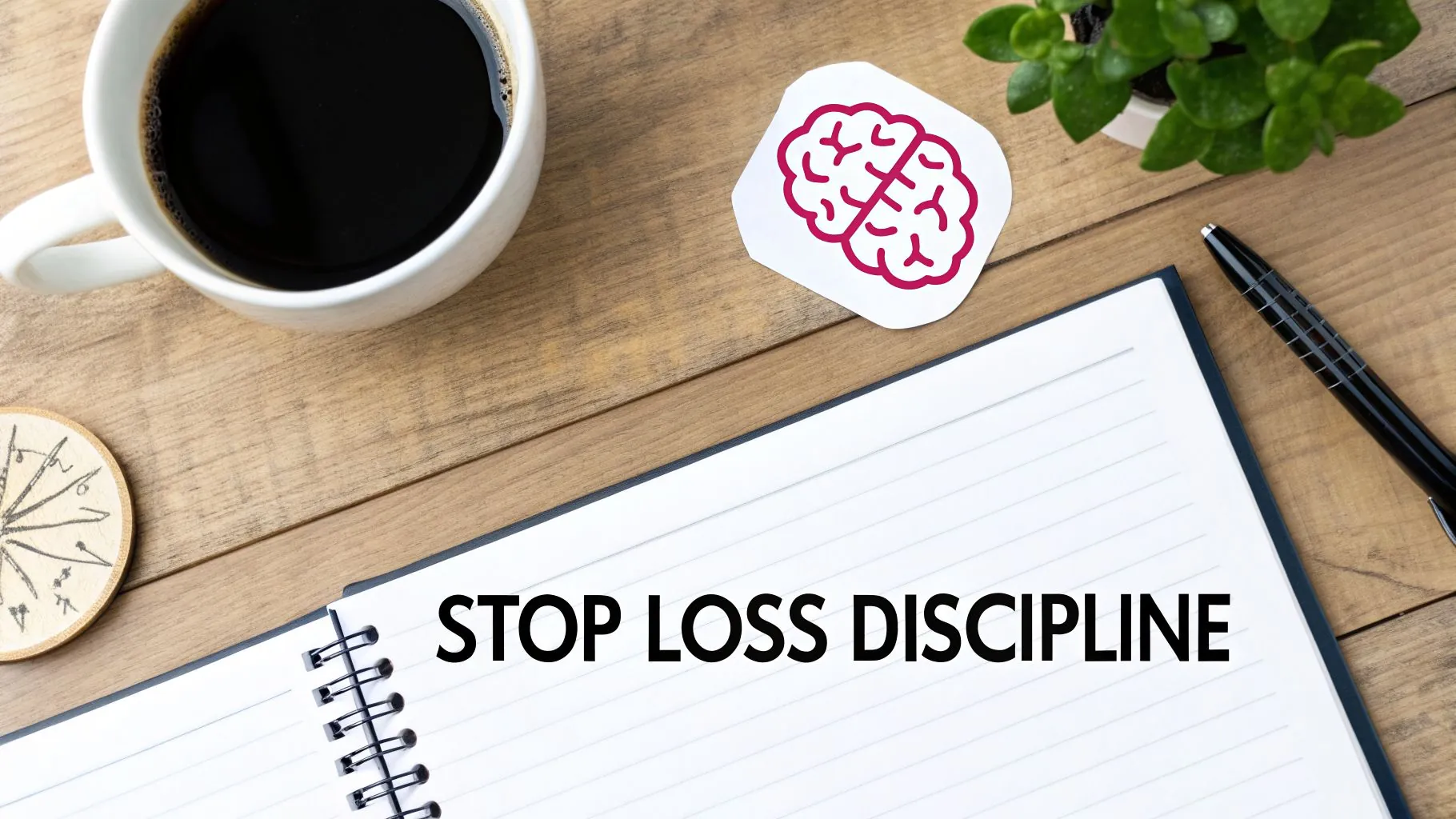 Desk flatlay with coffee, plant, brain icon, and notebook displaying 'STOP LOSS DISCIPLINE' text.