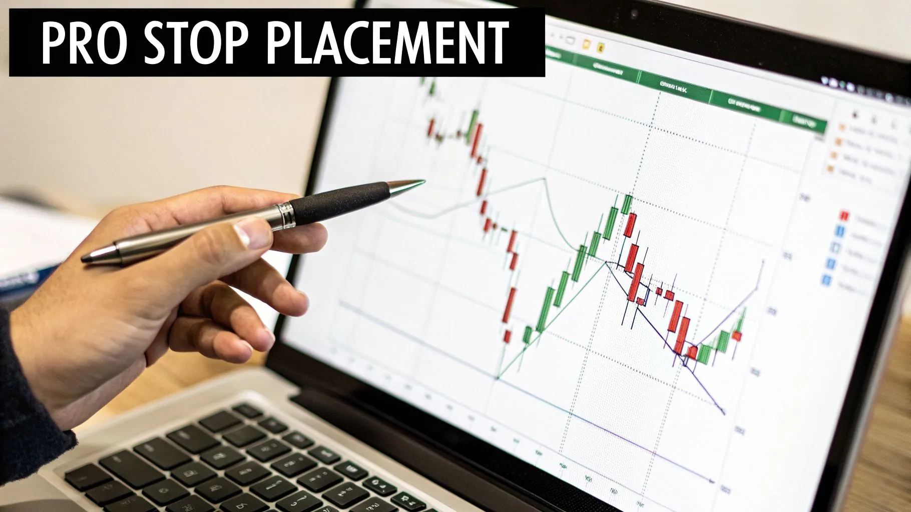 A person points with a pen at a laptop screen displaying stock market charts and data.