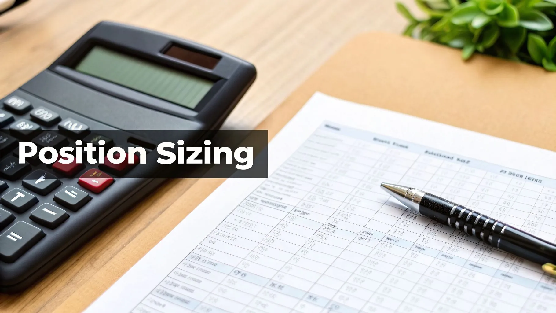 A calculator, financial document, and pen on a wooden desk with text 'Position Sizing'.