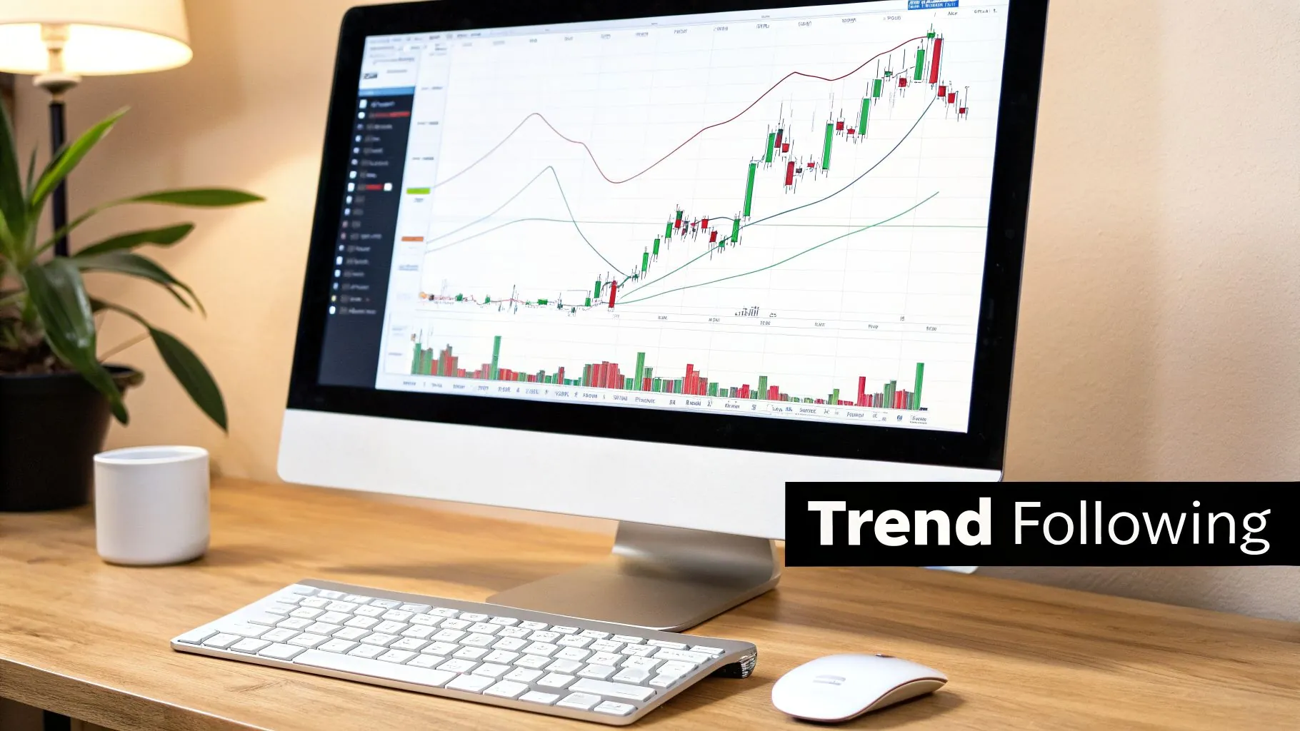 A computer monitor displays financial candlestick charts and data on a wooden desk, with "Trend Following" text.