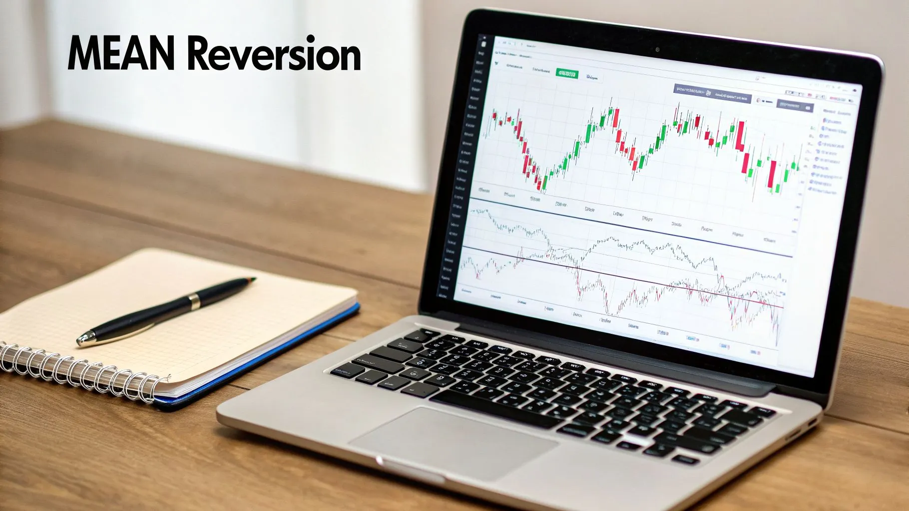 Laptop displaying financial trading charts and 'MEAN Reversion' text, with a notebook and pen on a wooden desk.