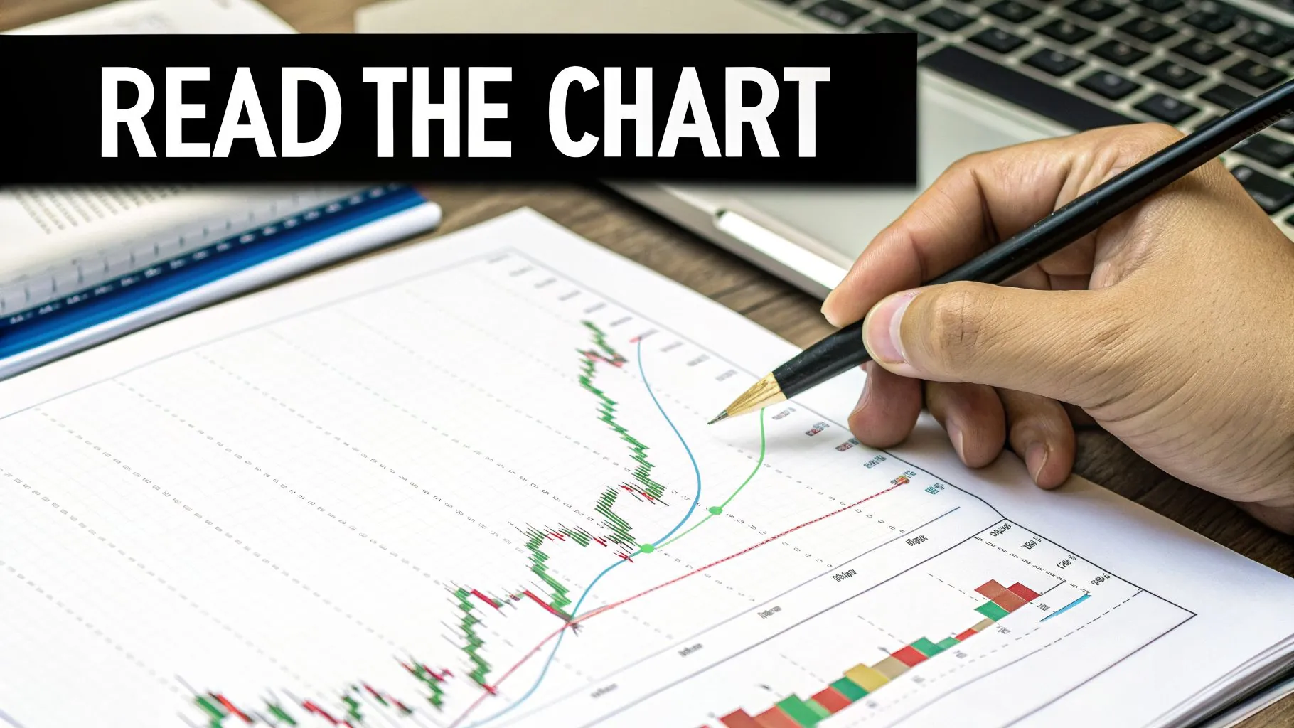 A person's hand with a pen pointing to a financial candlestick chart, with text 'READ THE CHART'.