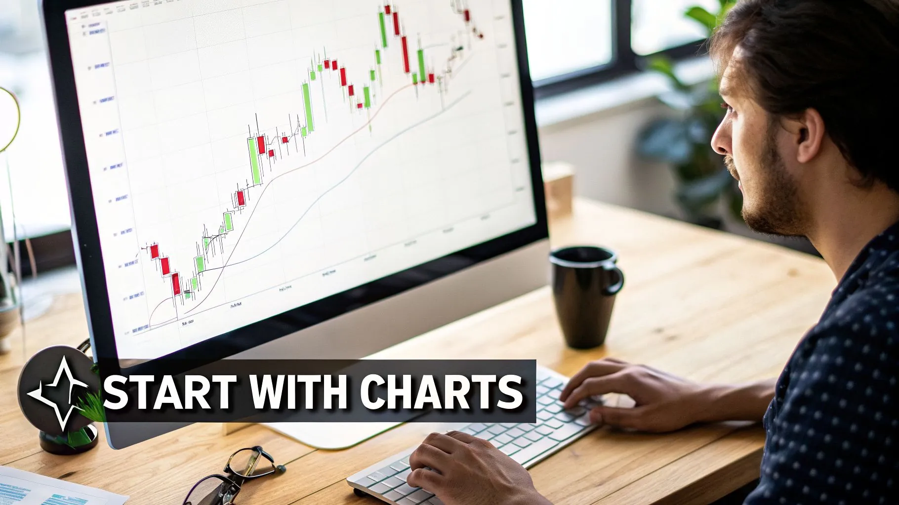 A man intently studies financial charts on a computer screen while typing at a wooden desk.