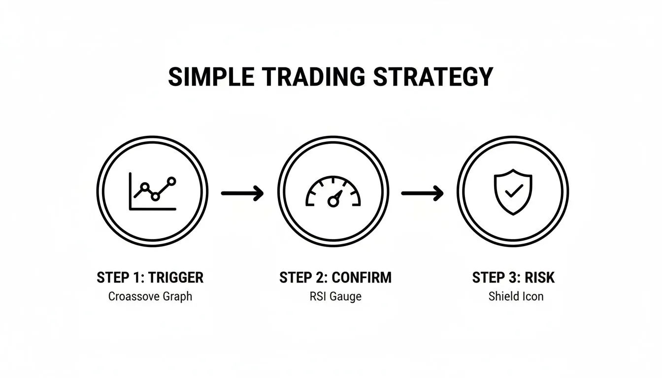 Flowchart illustrating a simple trading strategy with three steps: trigger, confirm, and risk management.