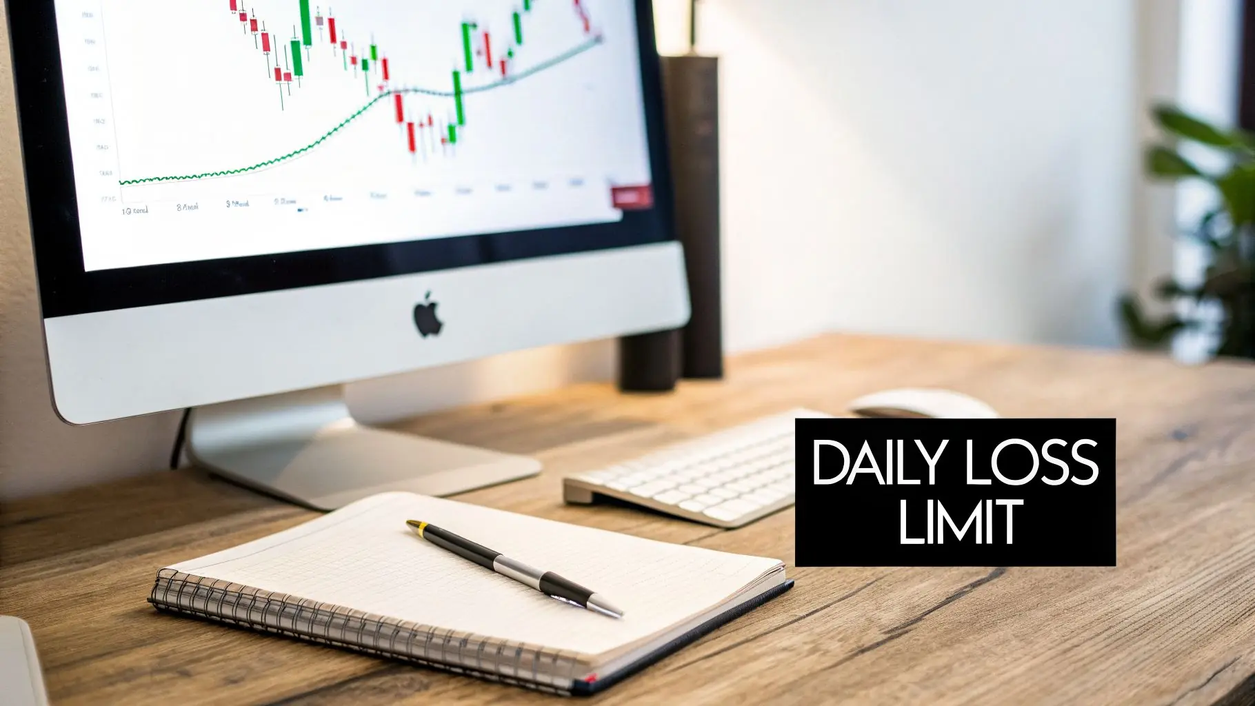 A desk with an Apple iMac displaying stock charts, a notebook, and a 'DAILY LOSS LIMIT' sign, emphasizing trading risk management.