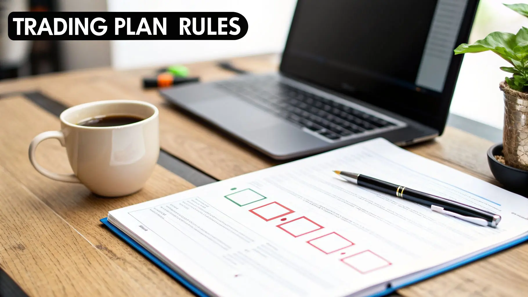 A desk with a laptop, coffee, plant, document showing 'Trading Plan Rules' with checkboxes, and a pen.