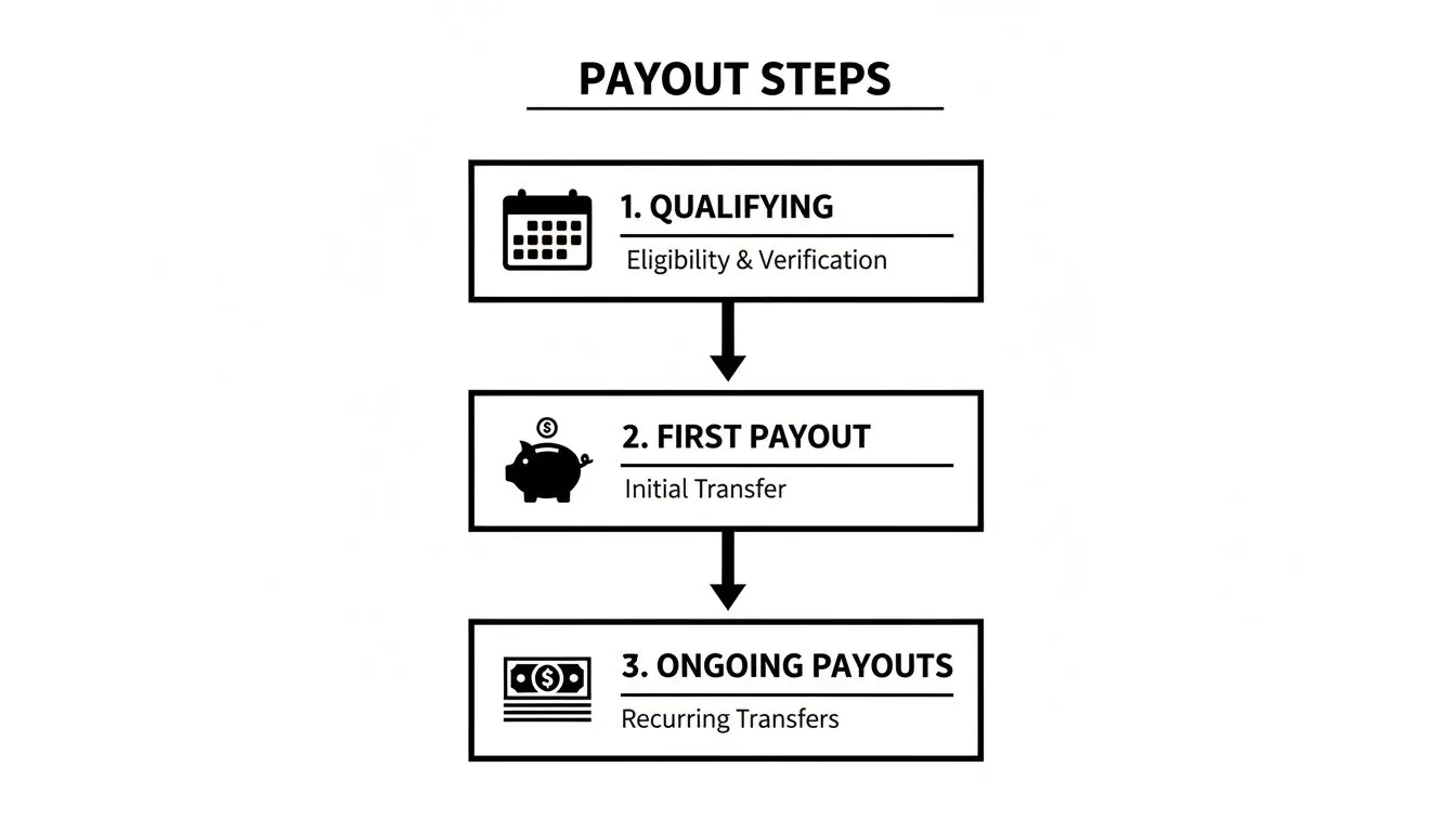 A flowchart titled 'Payout Steps' outlining three stages: qualifying, first payout, and ongoing payouts.