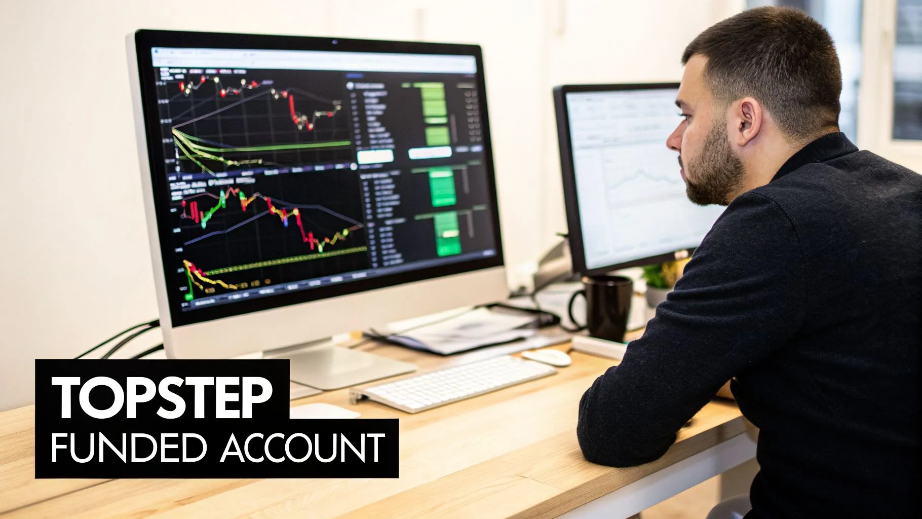 A man with a beard sits in front of multiple monitors displaying stock market charts.