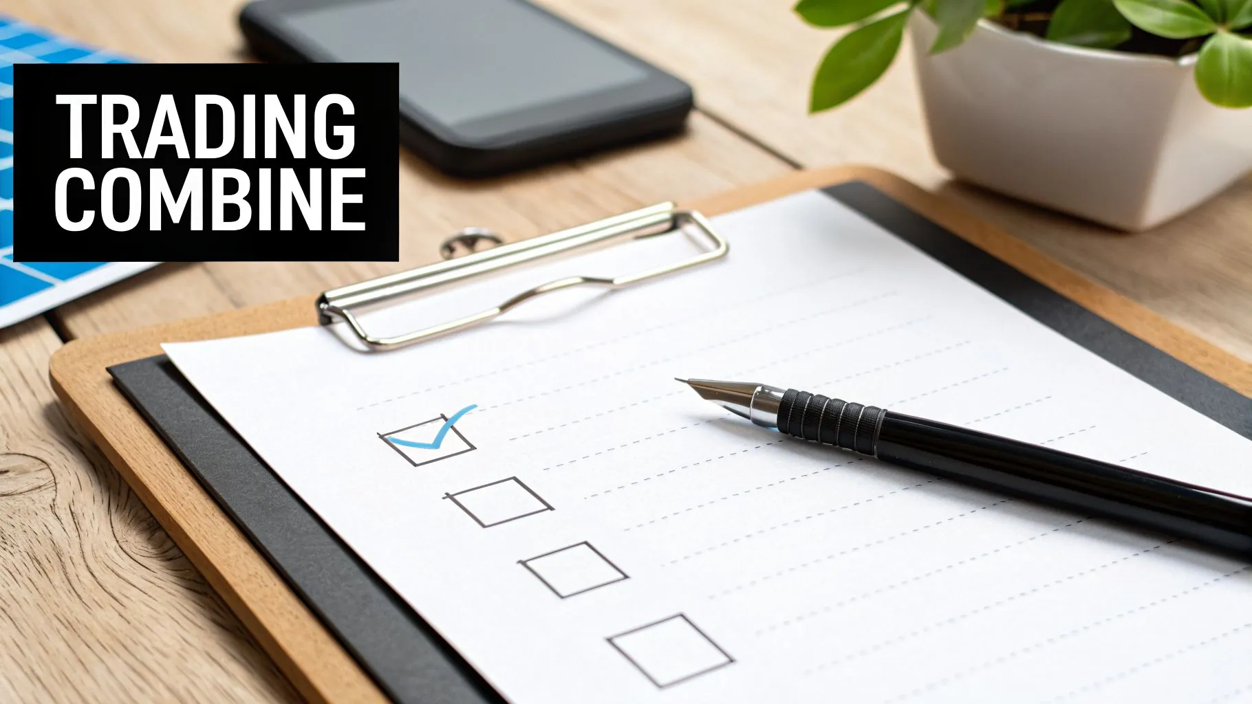 A checklist on a clipboard with a pen on a wooden desk. Text says 'TRADING COMBINE'.