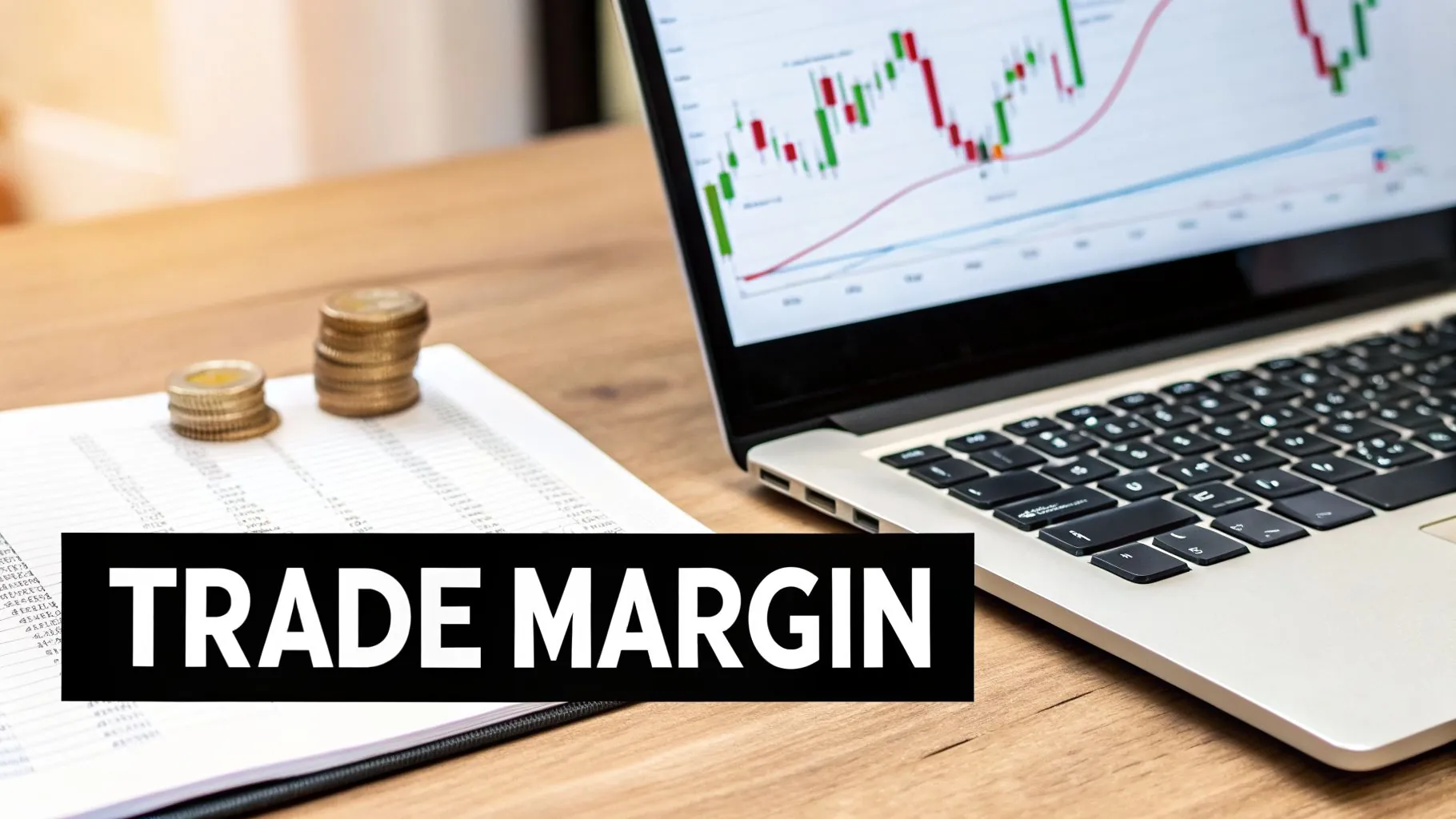 Laptop displaying a stock market chart next to stacked coins, financial documents, and 'TRADE MARGIN' text on a desk.