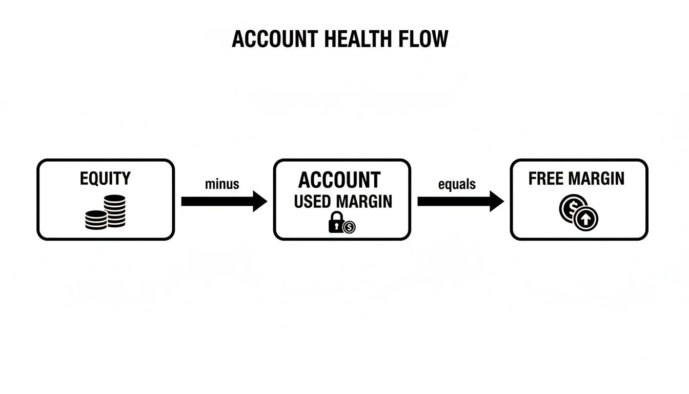 Flowchart illustrating account health, showing Equity minus Account Used Margin equals Free Margin.