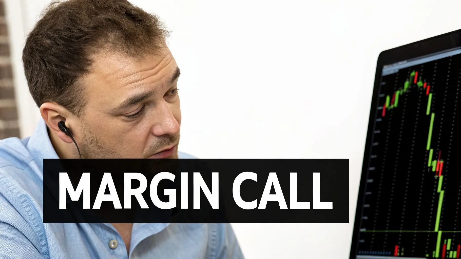 Man with an earphone intently views a stock chart on a laptop with 'MARGIN CALL' overlay.