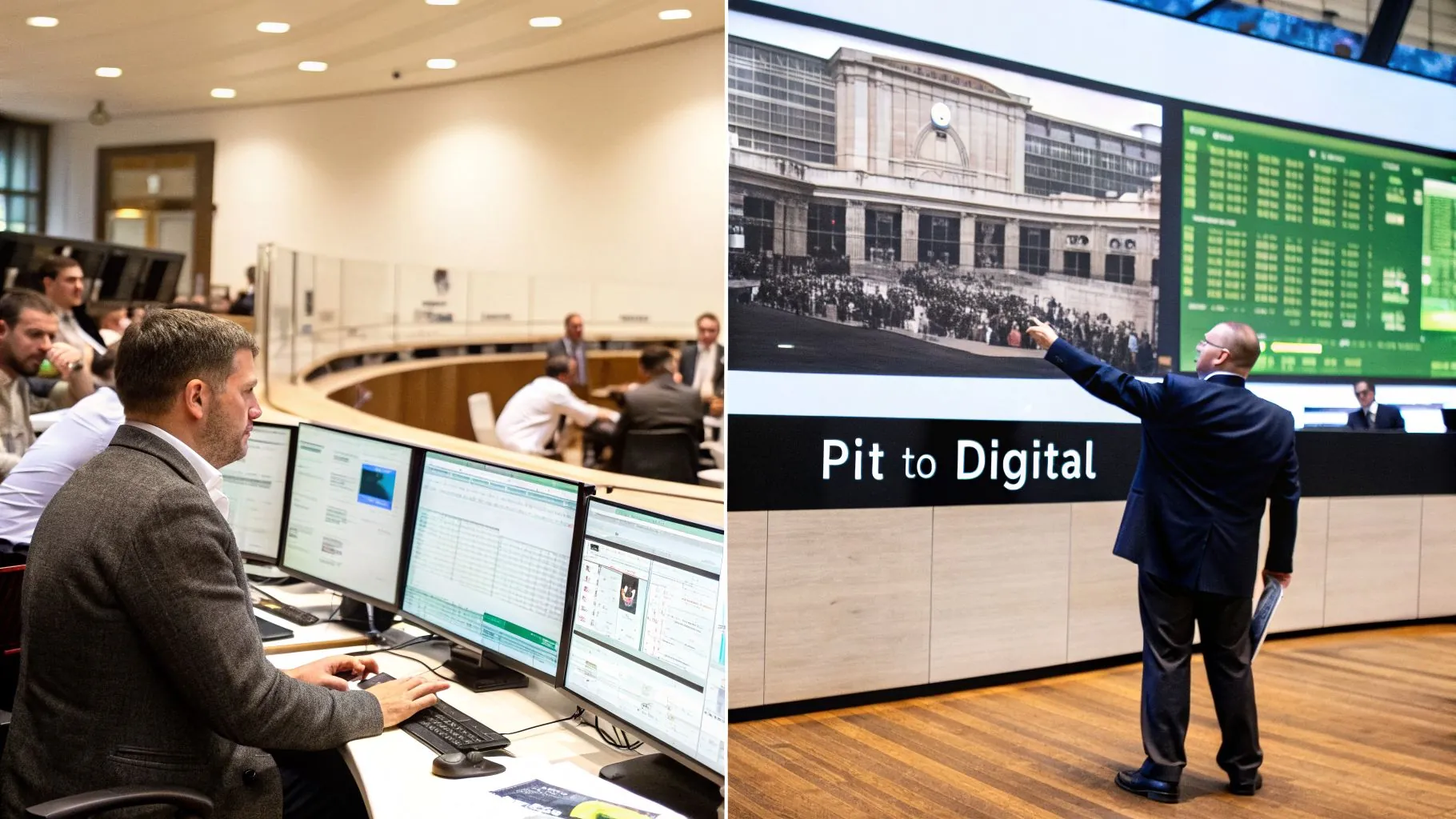 A man works at multiple computer screens while another presents on a large screen about the transition from pit trading to digital.