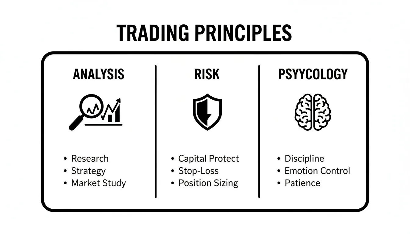 A diagram outlining trading principles covering analysis, risk management, and psychology for trading success.