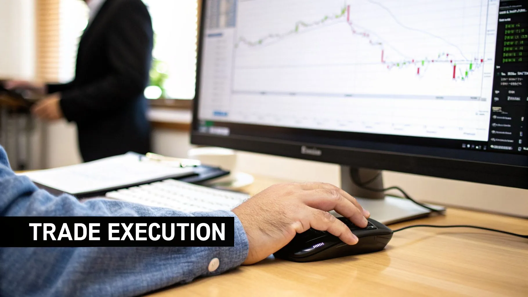 A person's hand on a mouse in front of a computer displaying financial trading charts and data.