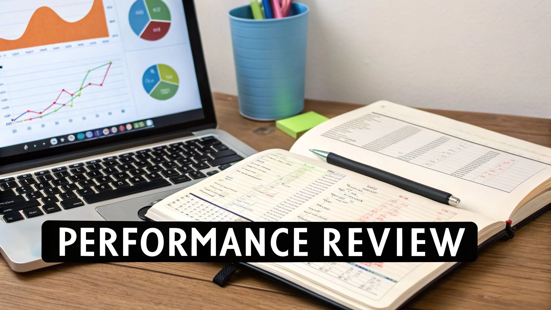 A desk with a laptop displaying business charts, an open planner, and a pen for a performance review.