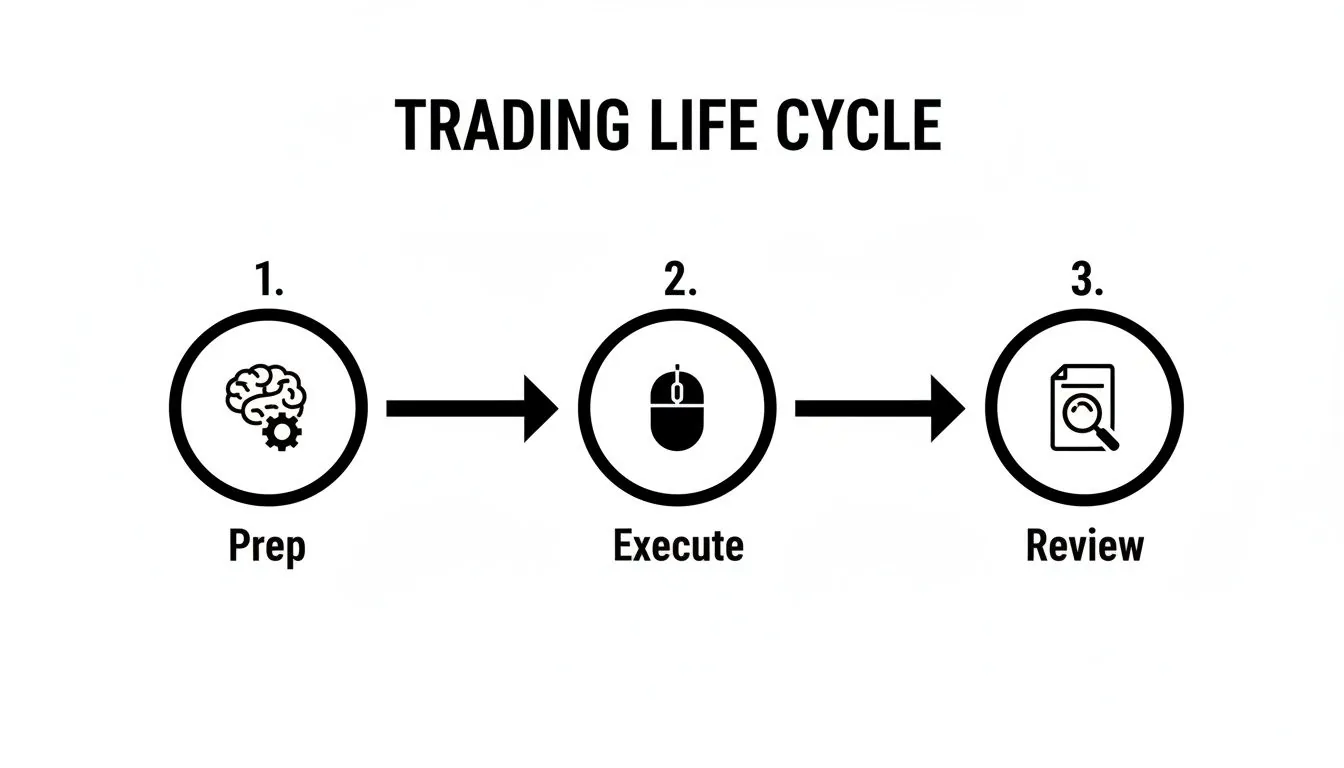 A diagram illustrating the trading life cycle with three sequential steps: Prep, Execute, and Review.