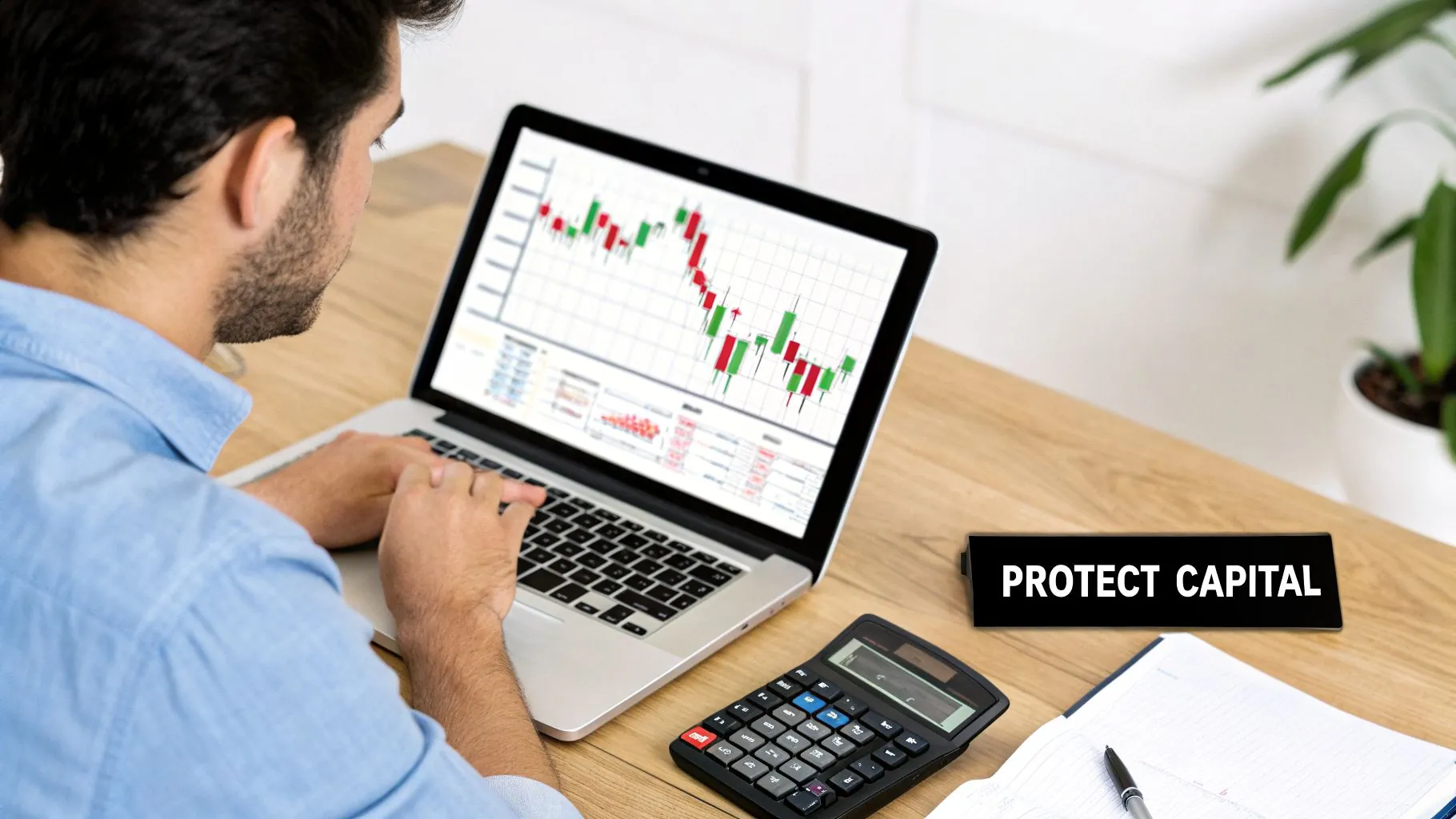 A man views a candlestick chart on a laptop, with a 'PROTECT CAPITAL' sign and calculator on his desk, depicting financial trading.