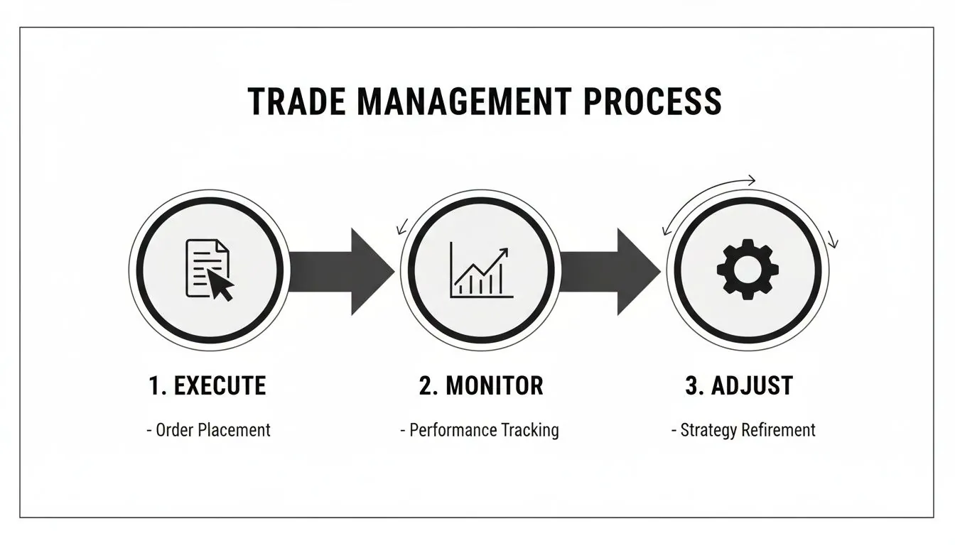 Trade management process infographic illustrating execute, monitor, and adjust steps for optimal trading.