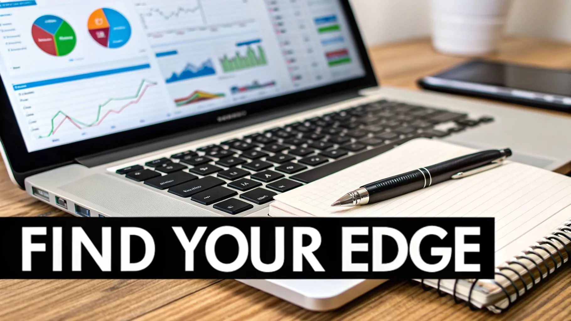 A laptop displaying financial charts and graphs, a notebook, and a pen on a wooden desk. Text overlay reads 'FIND YOUR EDGE'.