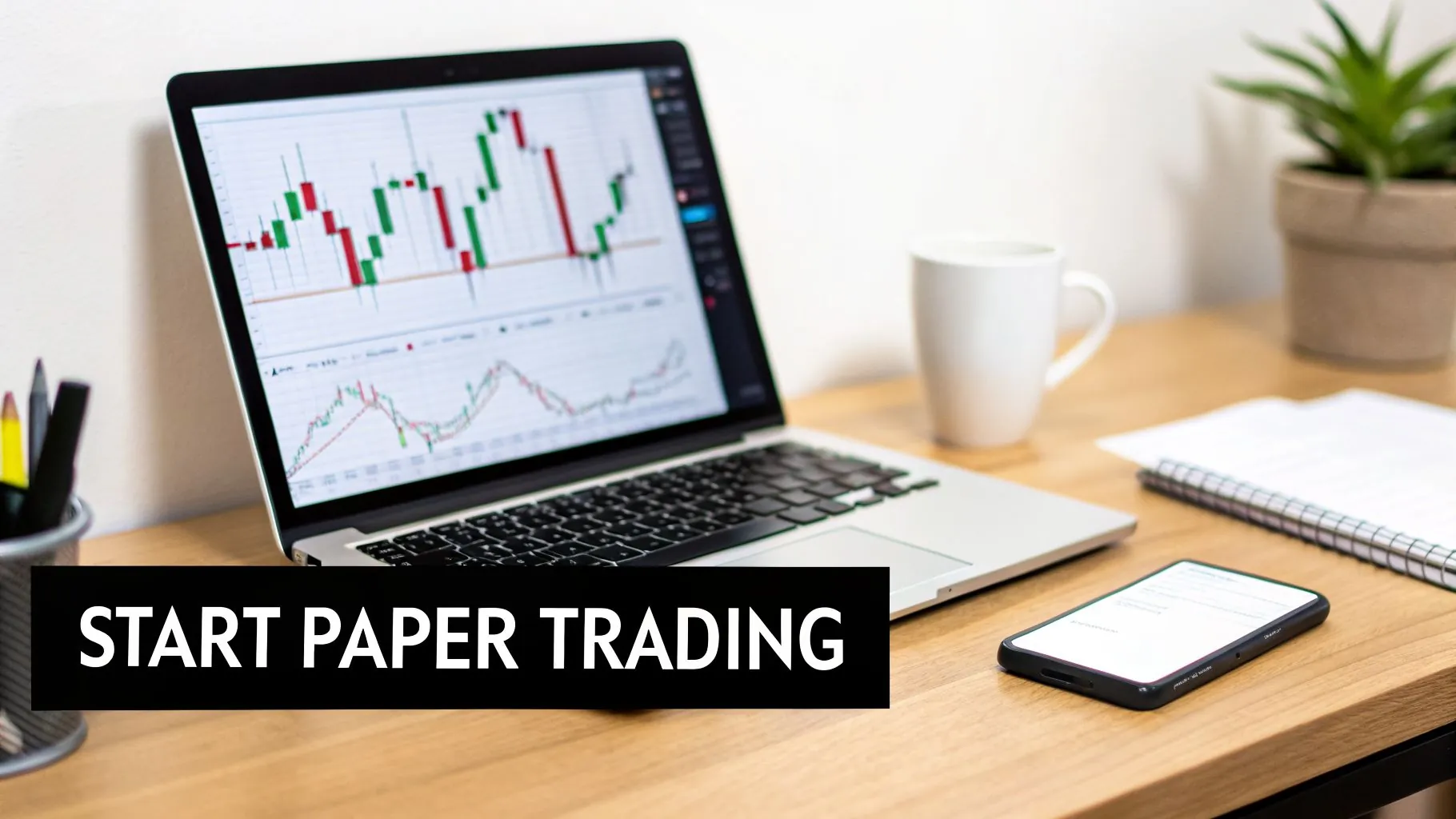 A laptop displaying stock trading charts on a wooden desk, alongside a mug and the text 'START PAPER TRADING'.