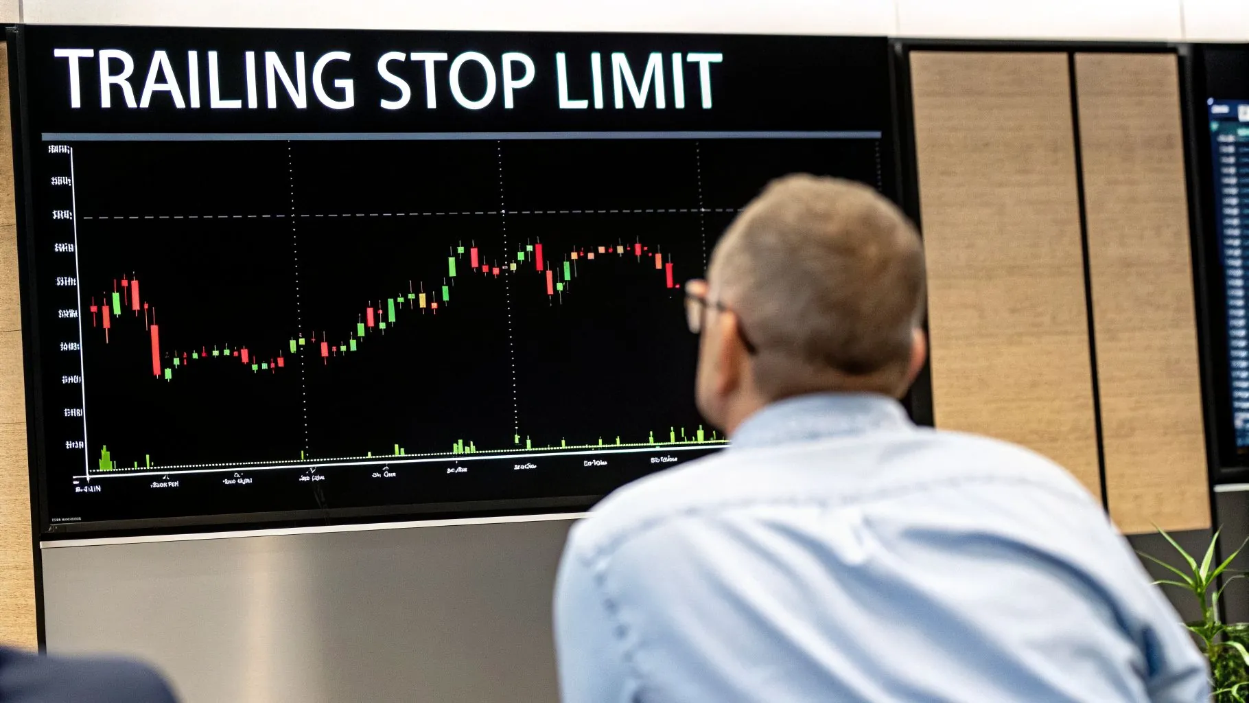A man in a blue shirt and glasses intently watches a large monitor displaying a stock chart titled 'TRAILING STOP LIMIT'.