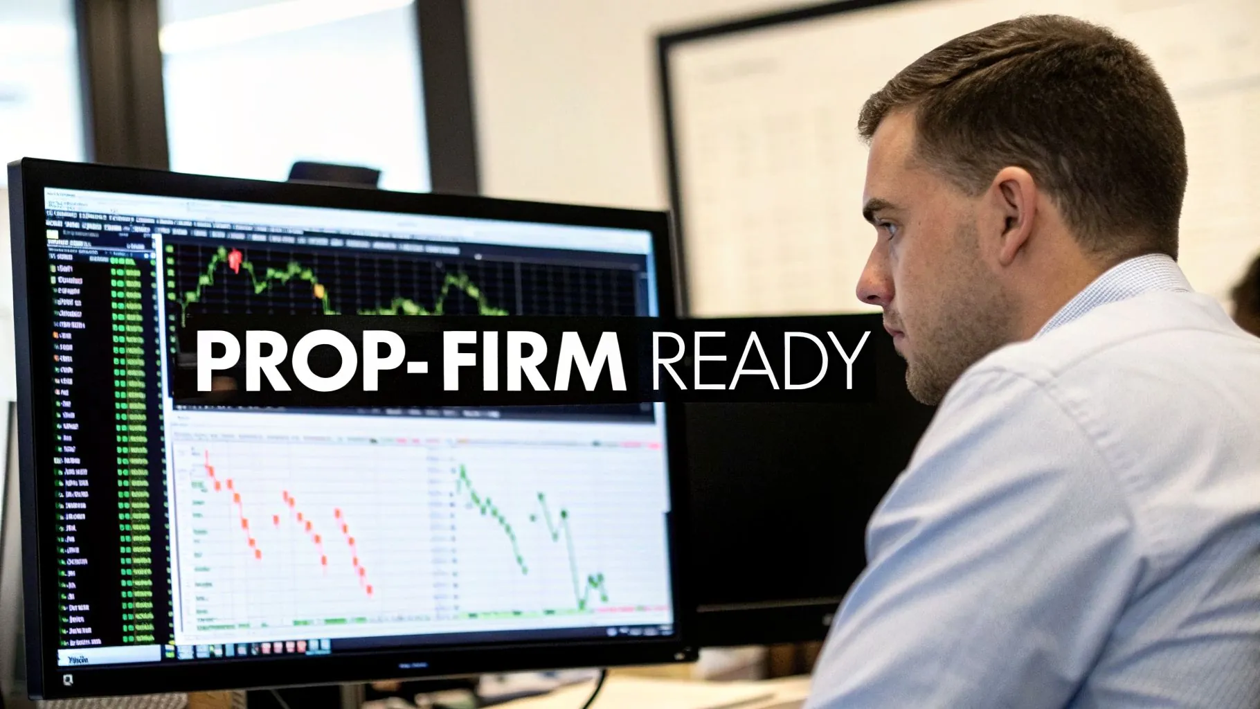 A man intently watches stock trading charts on a computer screen with 'PROP-FIRM READY' text.