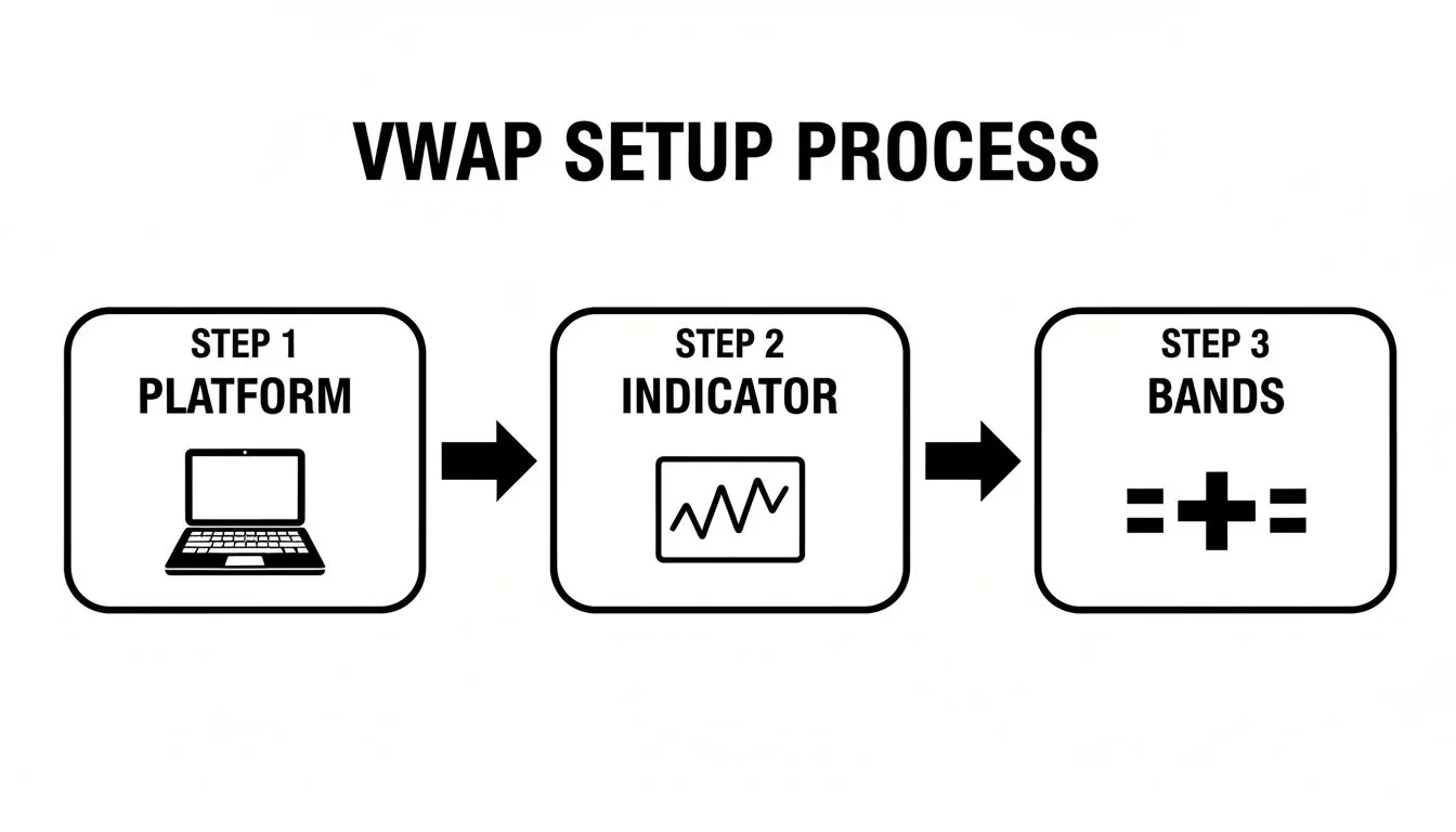 A visual guide outlining the three-step VWAP setup process: Platform, Indicator, and Bands.