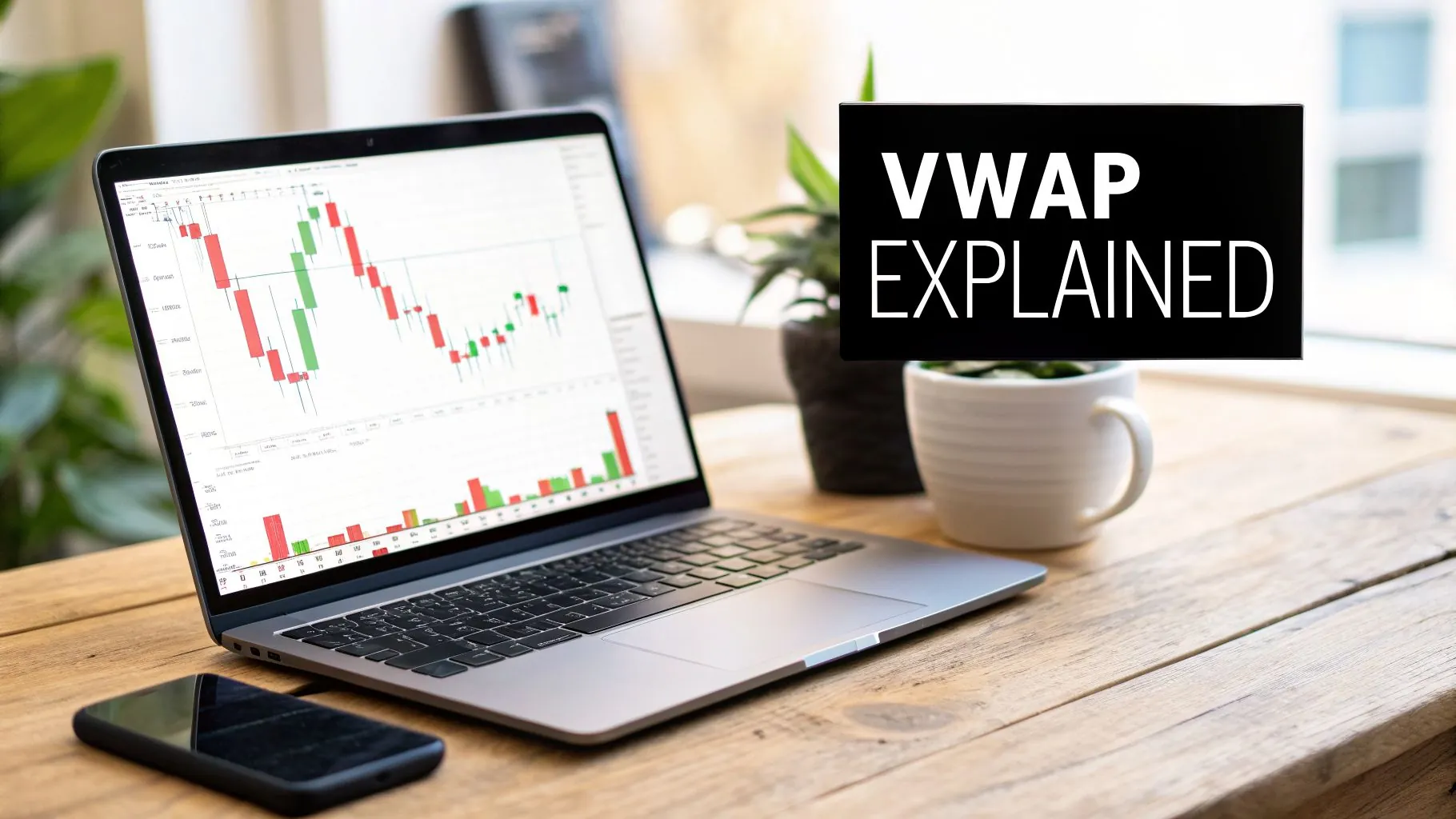 A laptop displays financial charts with 'VWAP EXPLAINED' overlay, alongside a phone and plants on a wooden desk.